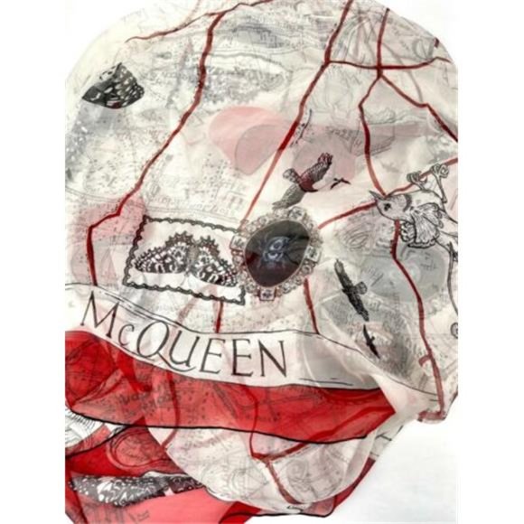 New Alexander McQueen Ivory Silk Red Skull Floral Map Scarf Shawl Authentic - Picture 5 of 9